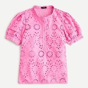 J. Crew Puff Sleeve Eyelet Popover Top Button Ruffle Embroidered Pink Camisole